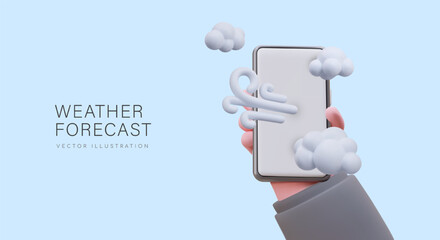 Realistic hand showing smartphone with strong wind sign
