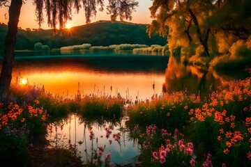 Enchanting sunset by a pristine lake, the sky ablaze with colors, surrounded by lush trees and a riot of blooming wildflowers. - obrazy, fototapety, plakaty