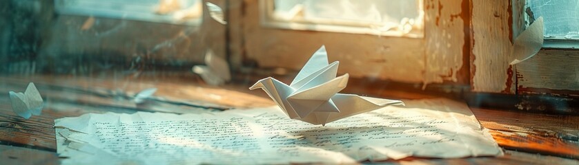 Paper dove origami on a handwritten love letter, soft morning light, vintage style, side angle, emotive