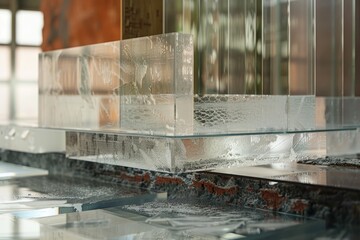 A glass sculpture with a clear surface and a brick wall behind it