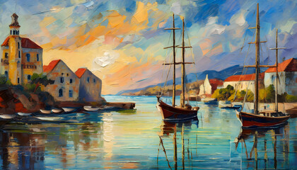 Paint a vintage harbor scene with sailboats and coastal architecture, using oil techniques. Generative AI. - obrazy, fototapety, plakaty