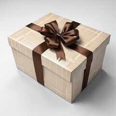 Beige plaid gift box with brown ribbon colorful background