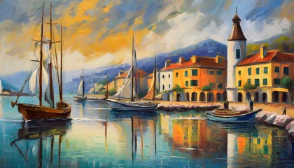Schilderijen op glas Paint a vintage harbor scene with sailboats and coastal architecture, using oil techniques. Generative AI. © hanifa