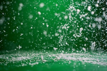 Falling snowflakes on green background,  Falling snowflakes in the air