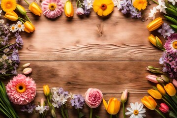 Flat lay of various colorful spring flowers frame with copy space on wooden background