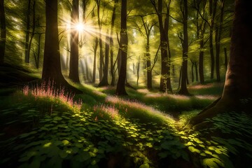 Sunlight filtering through the leaves of a lush forest, highlighting a carpet of wildflowers beneath the towering trees.