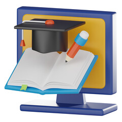 Online Learning, book and graduation hat, Academic Achievement. 3D render