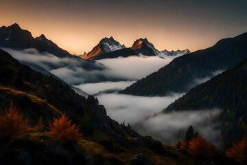 Misty mountains at dawn, their peaks shrouded in clouds, with the first light of autumn illuminating the scene.