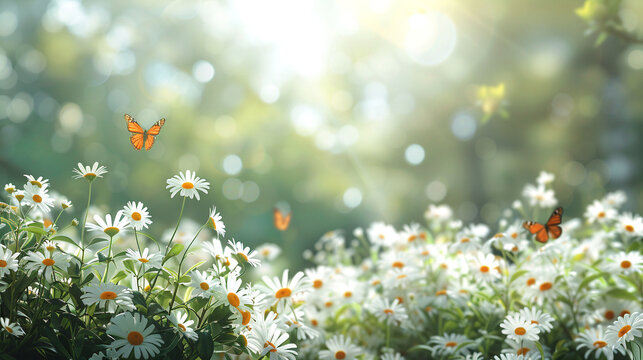 Photo of a large number of white daisies and orange butterflies that fly above them. Summer background