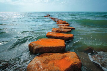 Stone breakwater on the Baltic Sea, Poland,  Nature composition - obrazy, fototapety, plakaty