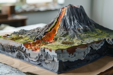 A model of a mountain range with a river running through it