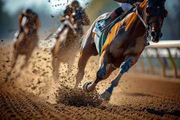 Fotobehang Dynamic Horse Racing on a Dusty Track. © Fukume