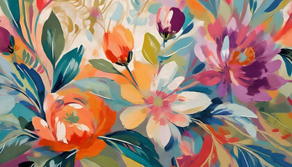 Paint a vintage-inspired floral scene with the textures of retro wallpaper, incorporating....