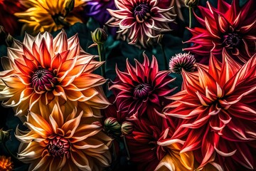 Capturing the radiance of a multi-colored dahlia's petals as they bask in the gentle sunlight,  their vivid hues.