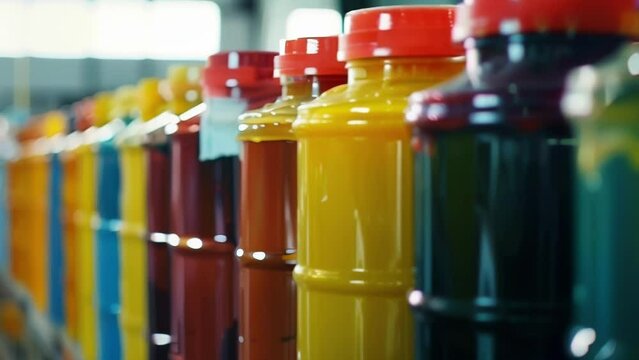 Multiple barrels and containers of different colored liquid resins lined up in a row highlighting the wide range of uses and customization options available in the production