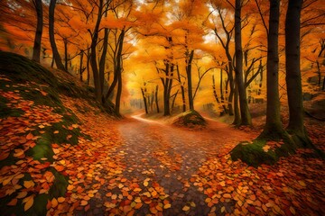 An inviting trail through an autumn forest, where the ground is blanketed by a mosaic of vivid leaves.