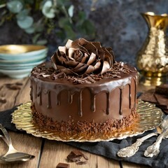 ダークチョコレートでコーティングされたリッチなチョコレートケーキの写真を生成してください。ケーキの上には、ゴージャスなダークチョコレートのカールや薄いゴールドの箔で装飾されたチョコレートの塊があります。背景には、深い色調で飾られた美しい食器やカトラリーが映り込むと良いです