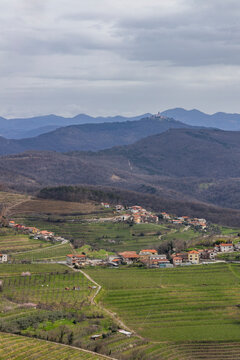 Panoramic view of the Collio hills, Cormons, between Gorizia and Nova Gorica. European Capital of Culture 2025. Typical local products vineyards and wines. Gonjače Tower places to visit and tradition