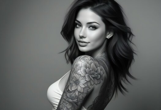 Beautiful young woman with tattoo on her arm,  Black and white photo