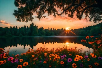 Enchanting sunset by a pristine lake, the sky ablaze with colors, surrounded by lush trees and a riot of blooming wildflowers. - obrazy, fototapety, plakaty