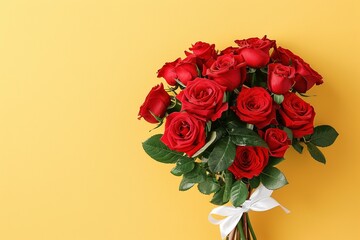Ein Rosenstrauß mit roten Rosen und einer weißen Schleife auf gelbem Hintergrund 