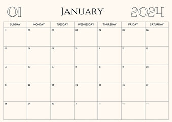 Printable Monthly Calendar Template for January 2024. Wall Calendar in a Minimalist Style. Week Starts on Sunday.
