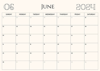Printable Monthly Calendar Template for June 2024. Wall Calendar in a Minimalist Style. Week Starts on Sunday.