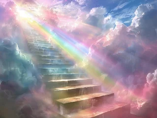 Foto op Canvas Stairway to heavenly glory, encased in a rainbow, angelic light, peaceful sky © ruslee