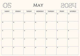 Printable Monthly Calendar Template for May 2024. Wall Calendar in a Minimalist Style. Week Starts on Sunday.
