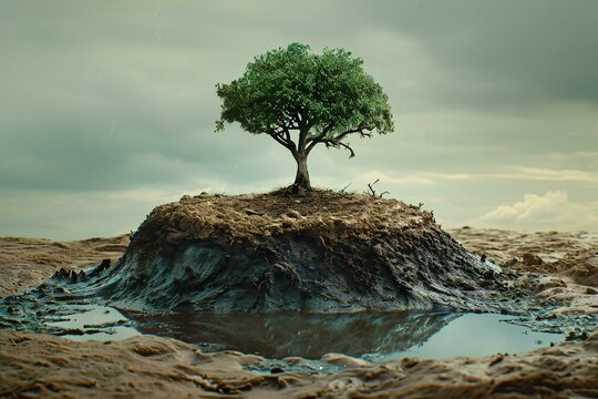 Conceptual image with green tree growing on a rock in the rain