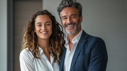 Fototapeta premium Both individuals are dressed in smart business attire, with the man wearing a navy blue blazer and the woman wearing a white blouse