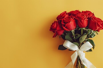 Ein Rosenstrauß mit roten Rosen und einer weißen Schleife auf gelbem Hintergrund, mit Platz für...