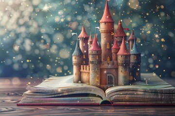 A book is open to a page with a castle on it
