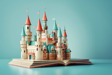 A book is open to a page with a castle on it - obrazy, fototapety, plakaty