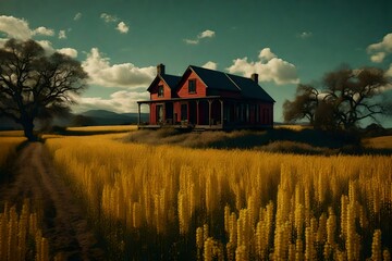 A house in unreal aesthetics, its primary colors contrasting with the bizarre landscape of the field.