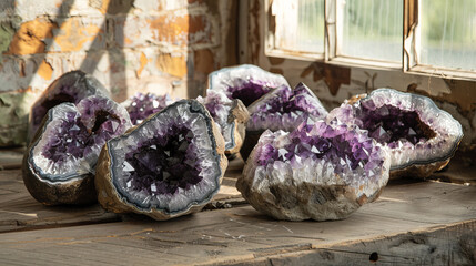 A rustic wooden floor sets the stage for a spread of captivating amethyst geodes with varied shapes and sizes