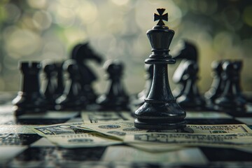 A chess piece is on a board with a dollar bill in the background - obrazy, fototapety, plakaty