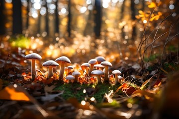 A picturesque scene of small, vibrant mushrooms flourishing amidst the lush grass of an autumn forest, captured in high-definition detail.