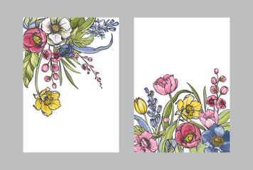Set of vector compositions of spring flowers, leaves and branches. Different flowers, tulips, anemones and other plants in beautiful floral frames.