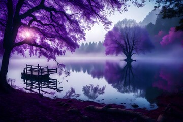 Misty morning light unveils a picturesque scene of a lonely purple tree by the serene lake's shoreline.