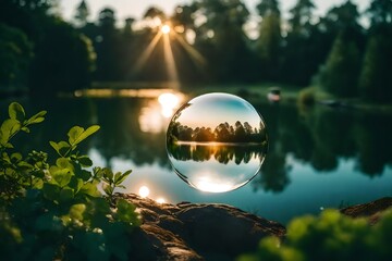 Through the magic of crystal lens ball photography, a tranquil lake and its verdant surroundings are transformed into a captivating visual masterpiece at dawn.