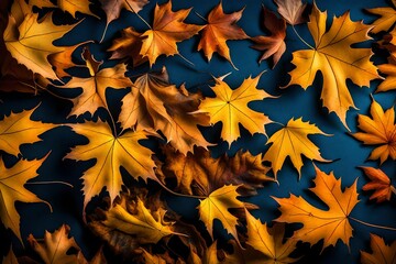 A close-up of fallen maple leaves, vividly colored in shades of bright yellow-orange, contrasted against a reflective dark blue surface.