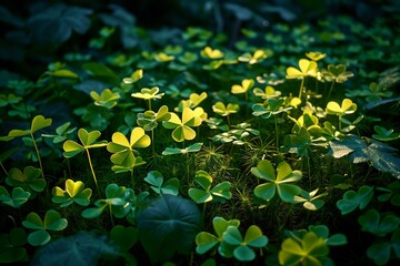 Green clover leaves in the forest at sunset,  St, Patrick's Day - obrazy, fototapety, plakaty
