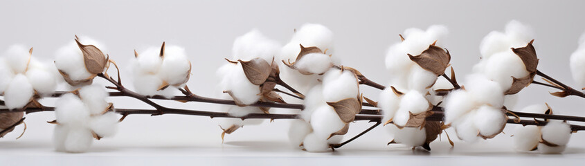 Fluffy cotton bolls against a stark white background. - obrazy, fototapety, plakaty