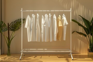 A rack of clothes is hanging on a wall
