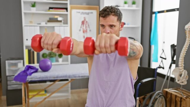 Handsome man exercising with dumbbells in a rehabilitation clinic interior, portraying strength and recovery.