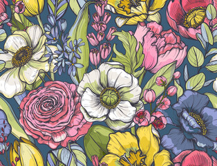 Vector seamless pattern with bouquets of spring flowers, leaves and branches. Endless floral background