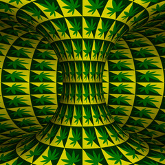 Inner part of torus with green yellow leaf pattern. It seems that the torus is spinning. Optical illusion illustration.