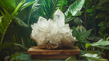Striking quartz crystal cluster illuminated from behind, nestled among vibrant green foliage