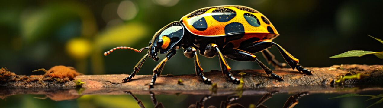 Glossy back of a spotted beetle, reflecting the surrounding environment.
